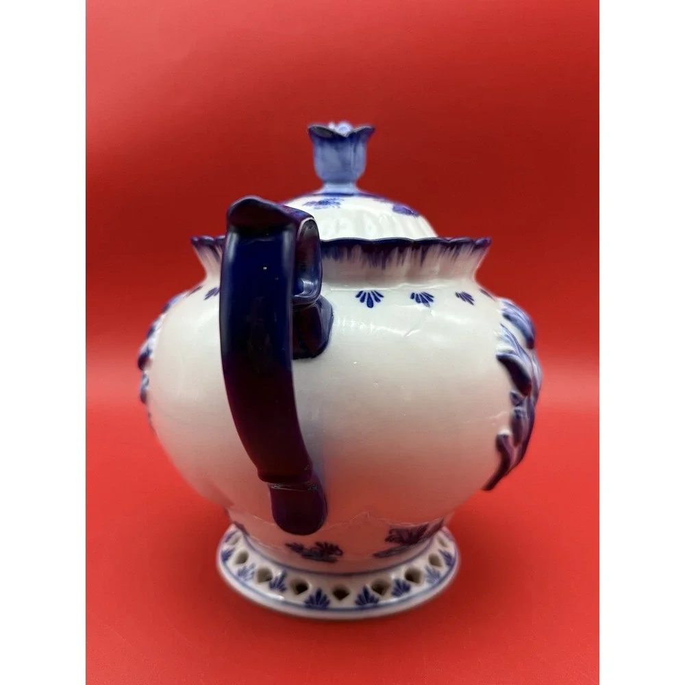 Vintage Delft Blue Teapot Raised Tulips Holland Hand Painted